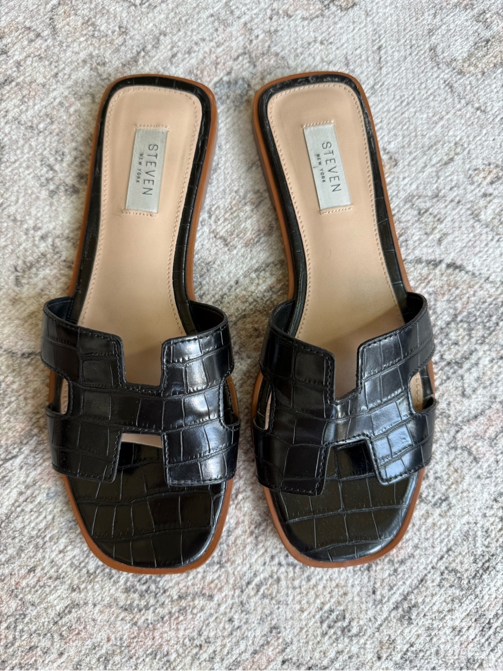 Steven By Steve Madden Black Croc-Embossed Slide Sandals